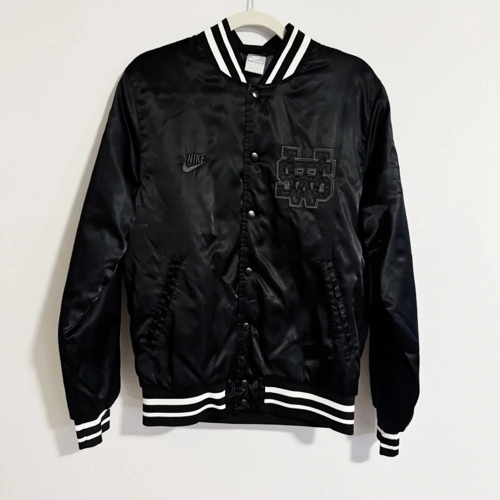 Nike - Black Sateen Embroidered Letterman Bomber Jacket